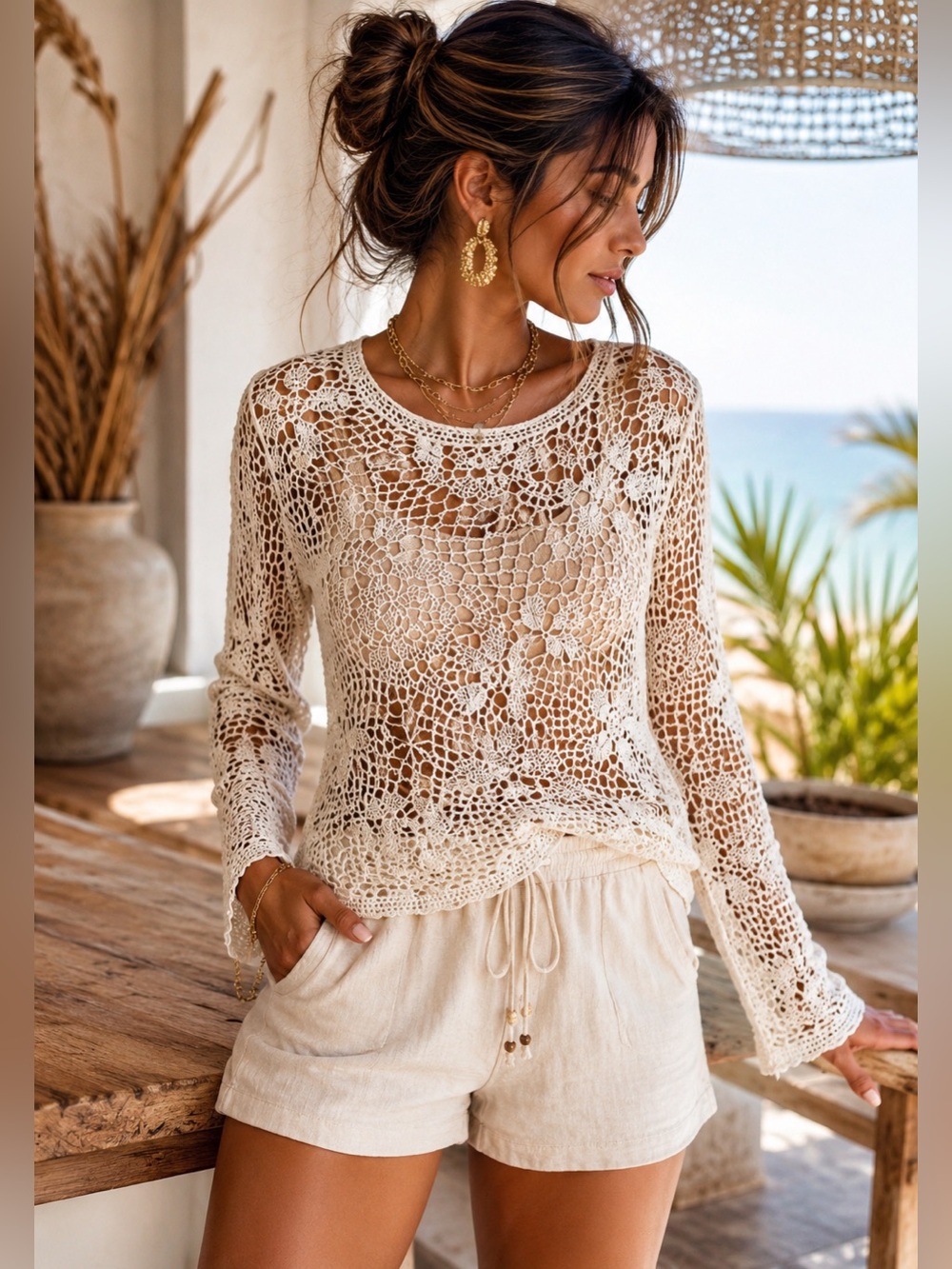 Boho Cream Crochet Lace Long Sleeve Top /Sheer Floral Knit. Size S